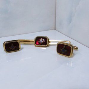 Vintage Gold Filled Red Mason Cuff Link & Tie Clip Set By Correct